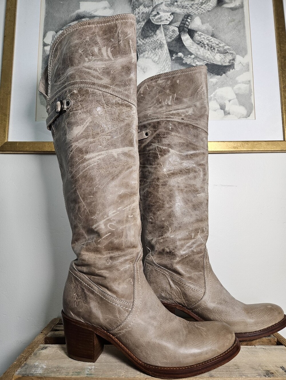 Frye Jane Tall Cuff Over The Knee Boots Distressed Tan Leather Womens Size 9 B
